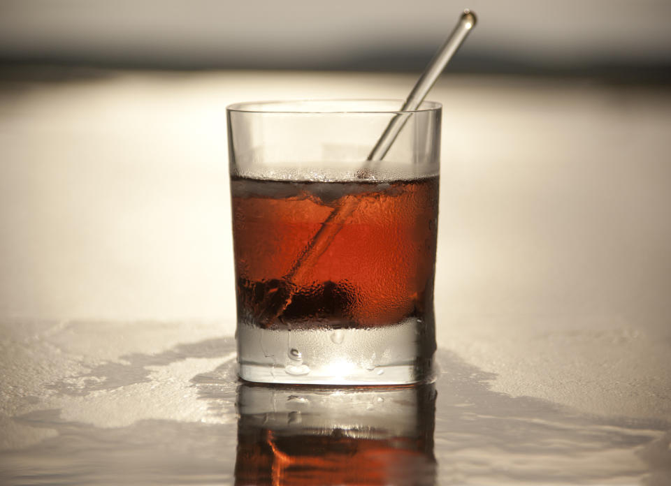 2 ounces rye<br />1 ounce sweet vermouth<br />Dash of bitters<br /><br />Combine and serve up or on the rocks.