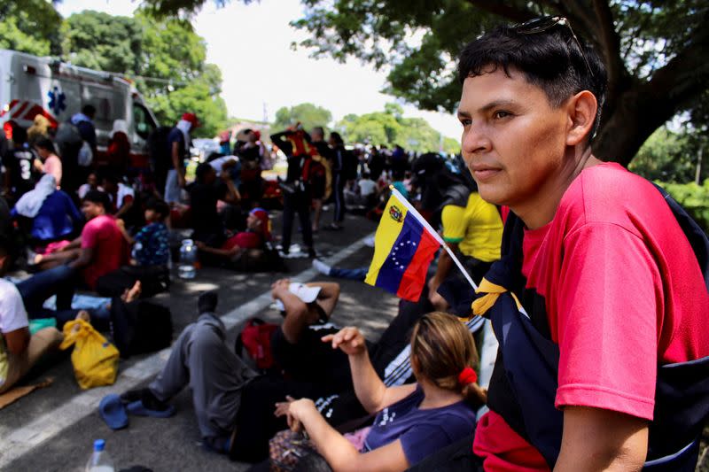 Venezuelans take part in a caravan toward the U.S., in Tapachula