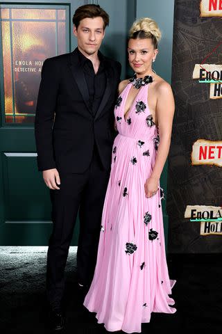 <p>Theo Wargo/Getty</p> Jake Bongiovi and Millie Bobby Brown in New York City in October 2022
