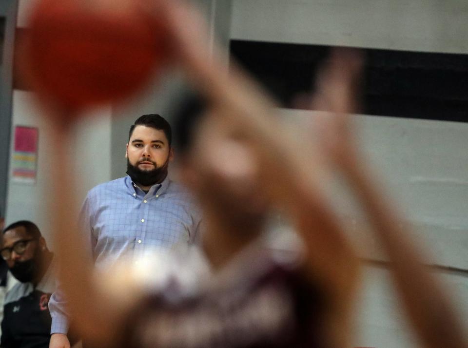 OC Rangers head coach Ryley Callaghan watches the action on the court during their game against the Whatcom Orcas in Bremerton on Wednesday, Feb. 9, 2022.
