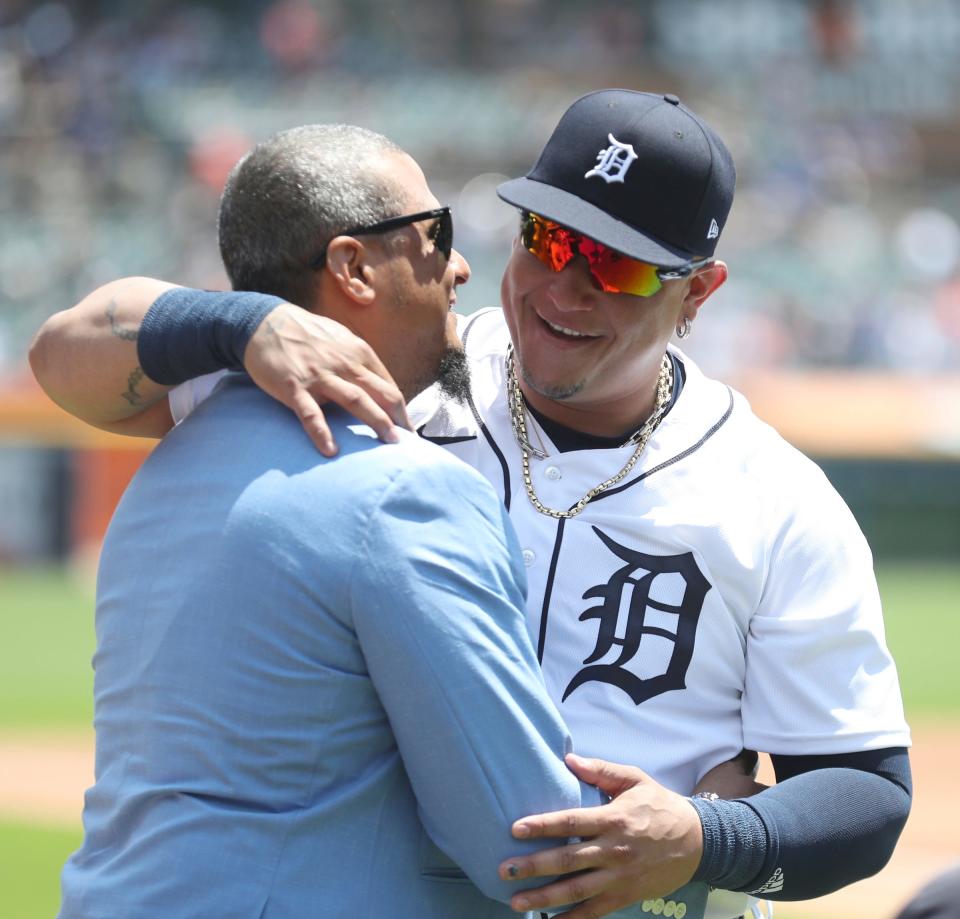 Detroit Tigers DH Miguel Cabrera (24) was honored for his 3,000 hits and 500 homers before the game against the Toronto Blue Jays on Sunday, June 12, 2022. Cabrera was surprised by former teammate Victor Martinez, who presented him with the ball from the 3,000th hit during the ceremony.