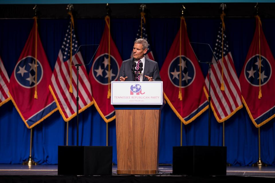 Tennessee Gov. Bill Lee speaks during the Tennessee Republican Party’s Statesmen’s Dinner at Music City Center in Nashville, Tenn., Saturday, June 15, 2024.