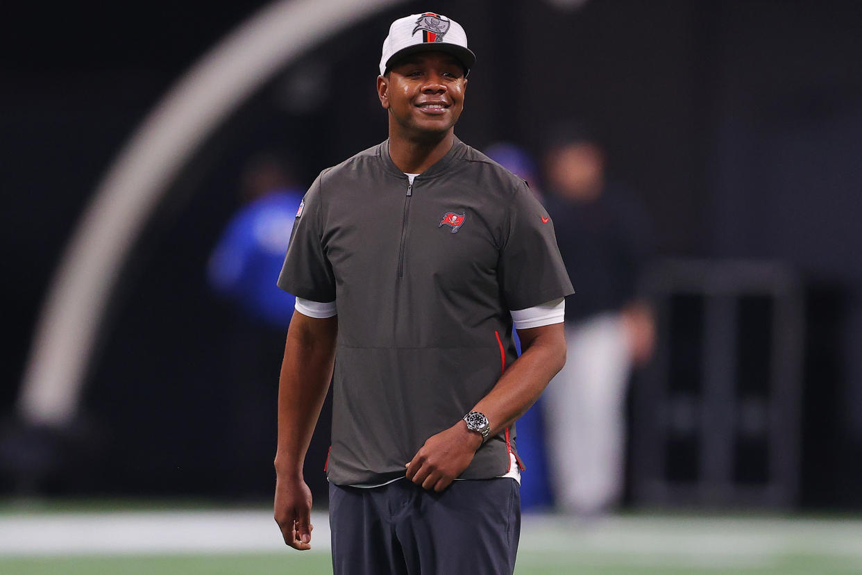The dots are pretty clear to connect Bucs offensive coordinator Byron Leftwich with the Jaguars head coaching job. (Photo by Kevin C. Cox/Getty Images)