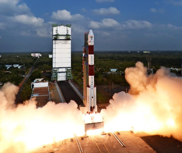 India’s Polar Satellite Launch Vehicle lifts off from the Satish Dhawan Space Center on the coast of the Bay of Bengal, sending 104 satellites spaceward. (ISRO Photo)