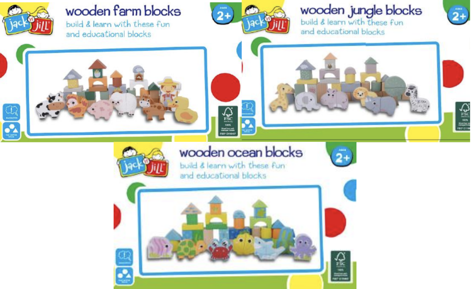 The wooden toy blocks pictured were sold at Aldi in 2020 and recalled the same year. Source: ACCC