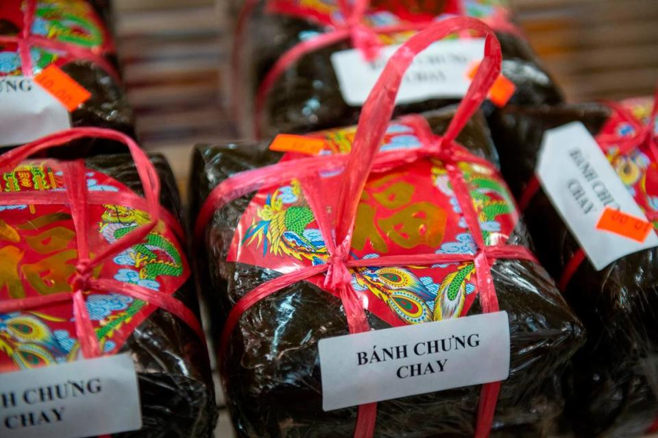 Bánh chưng, a Vietnamese cake made of sticky rice, mung beans and pork normally eaten for the Lunar New Year, at Lee’s Grocery in Biloxi on Monday, Jan. 24, 2022.