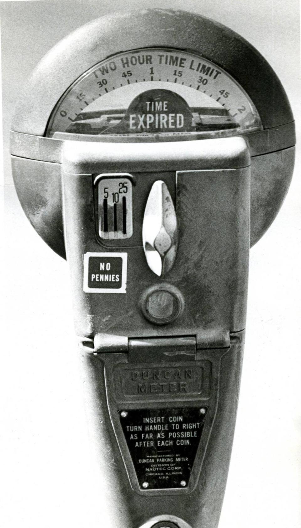Duncan parking meter reads time expired in San Luis Obispo Aufust 6, 1986.