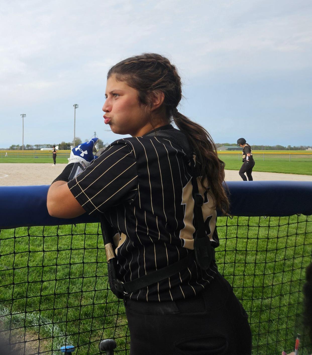 Delphi sophomore Airy Lattimore (18) takes a drink of water during a road game against Carroll on Thursday, April 18, 2024 in Flora, Ind.