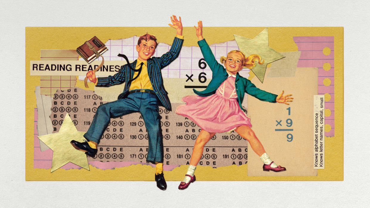  Photo collage of various bits of report cards and tests forming a background for a vintage style illustration of a boy and a girl jumping joyfully. The boy is swinging books in a bookstrap. There are two gold star stickers next to the kids. 