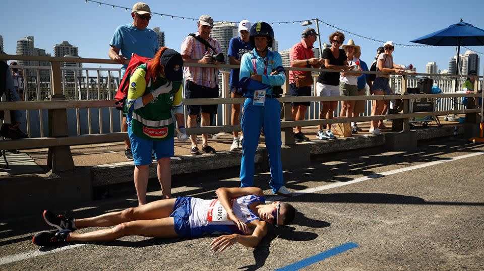 Callum Hawkins was in first place when he collapsed. Source: Getty