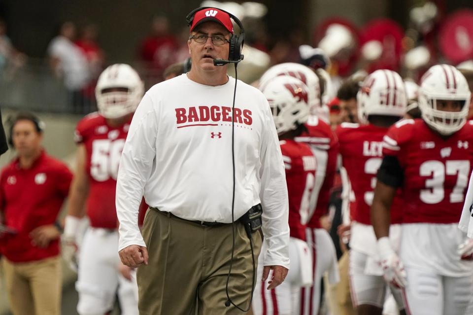 Wisconsin head coach Paul Chryst watches during the second half of an NCAA college football game against Washington StateSaturday, Sept. 10, 2022, in Madison, Wis. Washington State won 17-14. (AP Photo/Morry Gash)