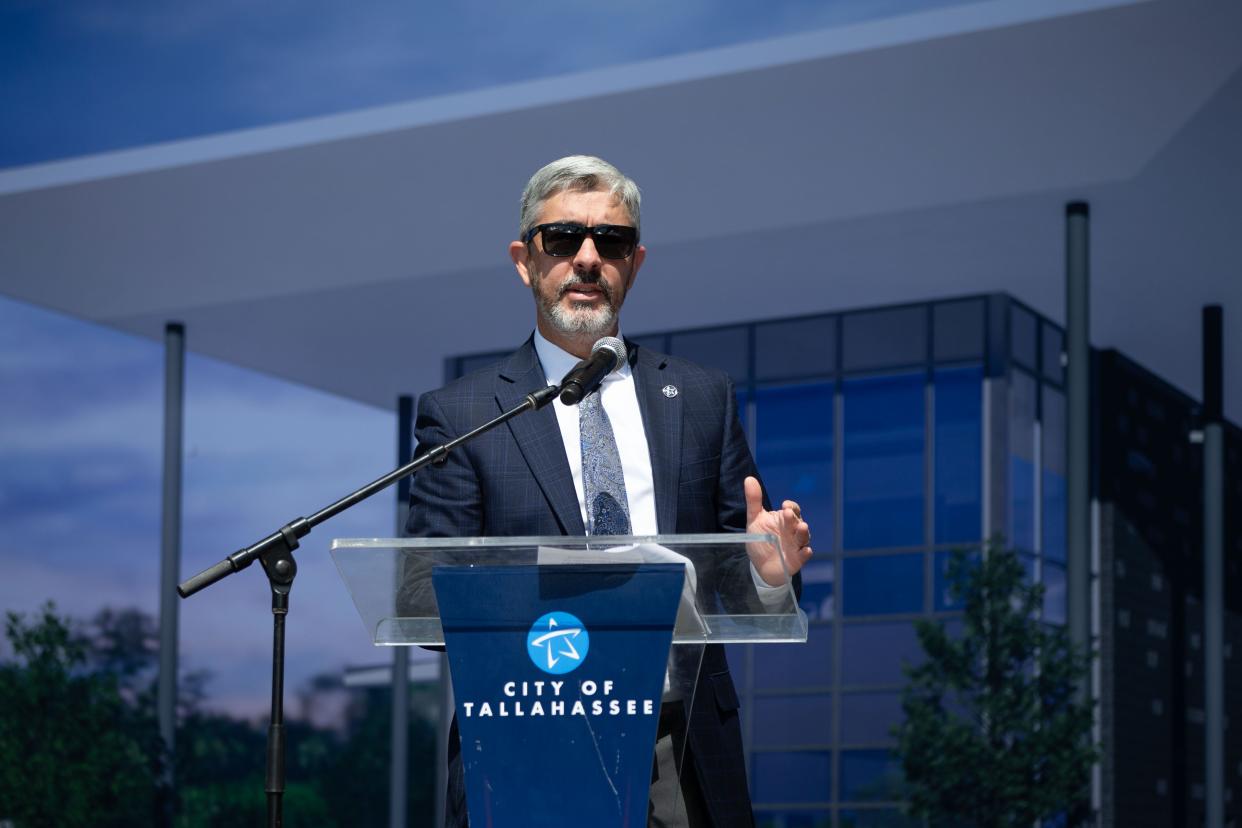 City Manager Reese Goad delivers brief remarks during the groundbreaking ceremony held for the StarMetro Southside Transit Center on Wednesday, April 24, 2024.