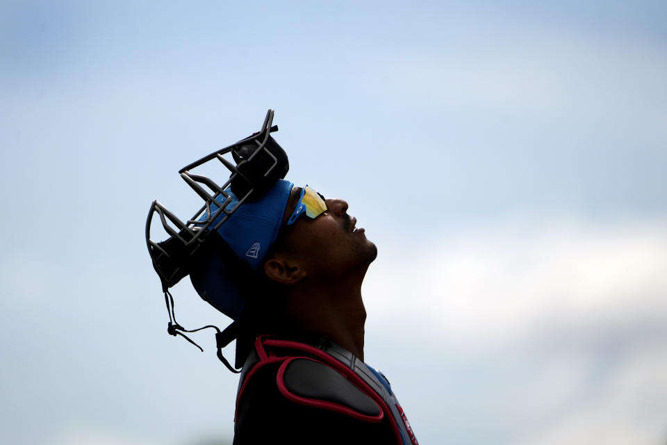 Miami Marlins catcher Christian Bethancourt looks up during a spring training baseball workout Friday, Feb. 16, 2024, in Jupiter, Fla. (AP Photo/Jeff Roberson)