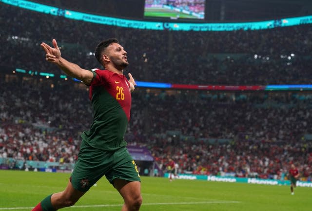 Goncalo Ramos celebrates his hat-trick against Switzerland