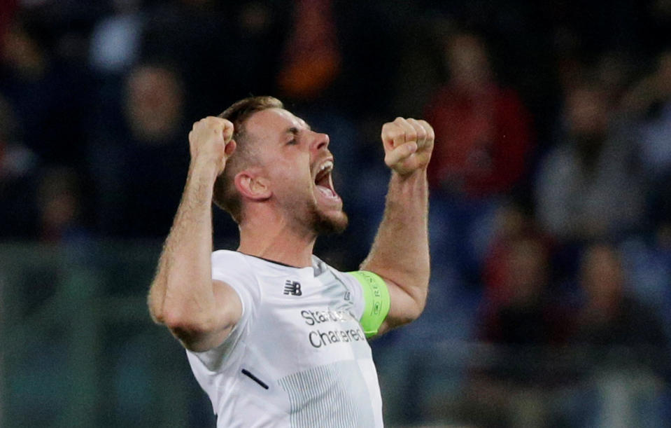 <p>Soccer Football – Champions League Semi Final Second Leg – AS Roma v Liverpool – Stadio Olimpico, Rome, Italy – May 2, 2018 Liverpool’s Jordan Henderson celebrates after the match REUTERS/Max Rossi </p>