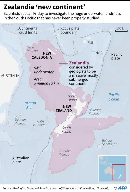 Map showing the Zealandia 'new continent', a massive underwater landmass in the South Pacific that has never been properly studied