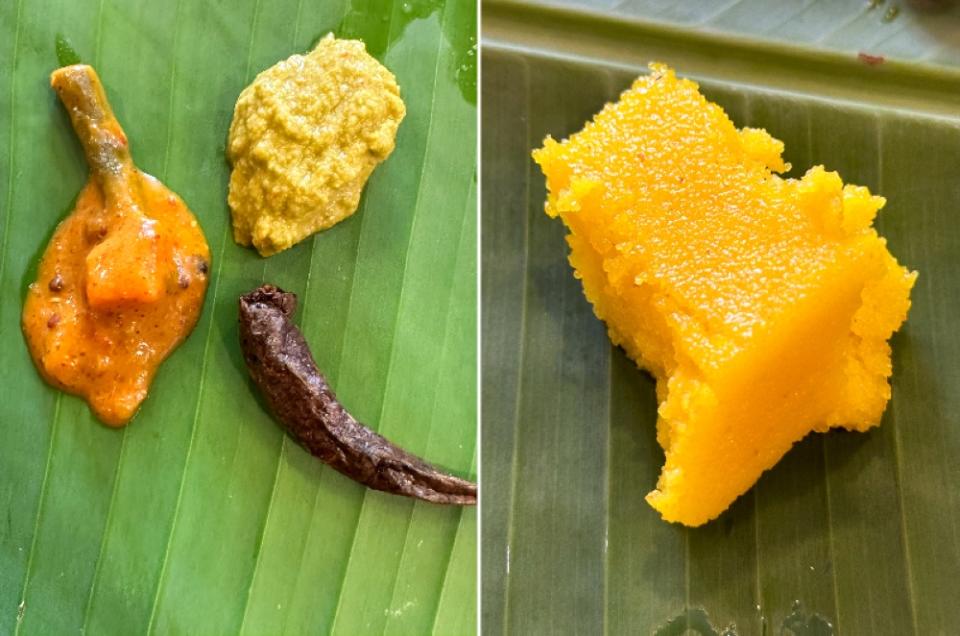 Remember to also add pickles to your meal, like the 'mor miligai', mango pickle and 'thuvaiyal' (left). It's a complete meal with dessert in the form of 'kesari' (right)