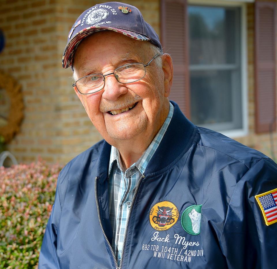 World War II veteran Jack Myers outside his Hagerstown home on Aug. 2, 2021. He received the jacket he is wearing from the Best Defense Foundation during a recent trip to Germany.