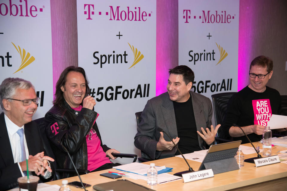 Sprint and T-Mobile executives hosting a conference call to discuss the deal