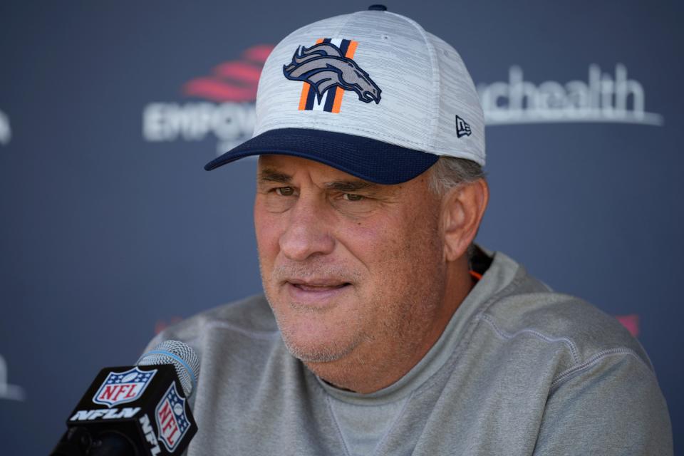 Denver Broncos head coach Vic Fangio responds to a question during a news conference Thursday, Sept. 16, 2021, at the NFL football team's headquarters in Englewood, Colo. (AP Photo/David Zalubowski)