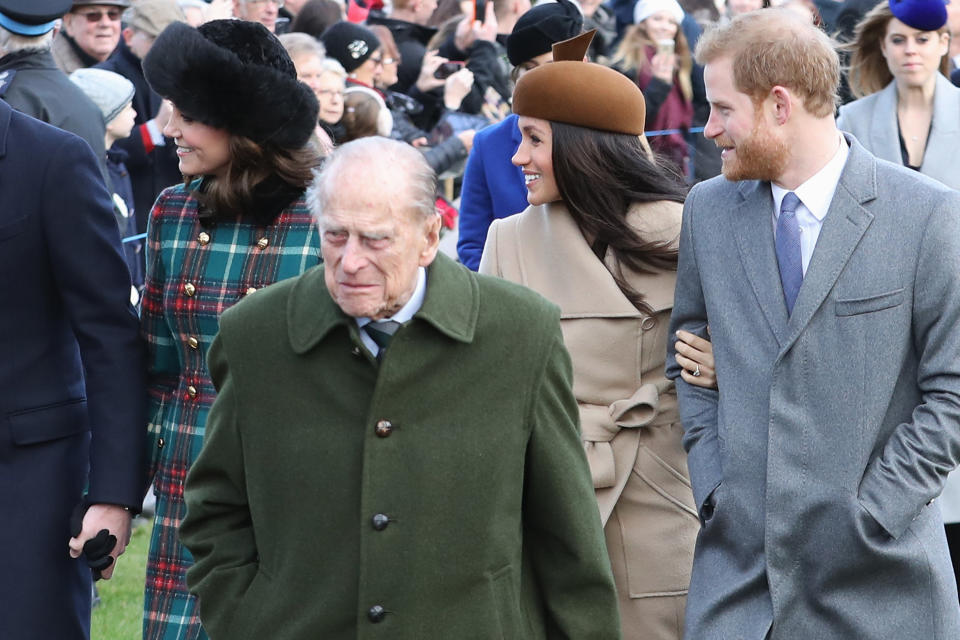 Prince Philip, Prince Harry, Kate Middleton and Meghan Markle on Christmas Day