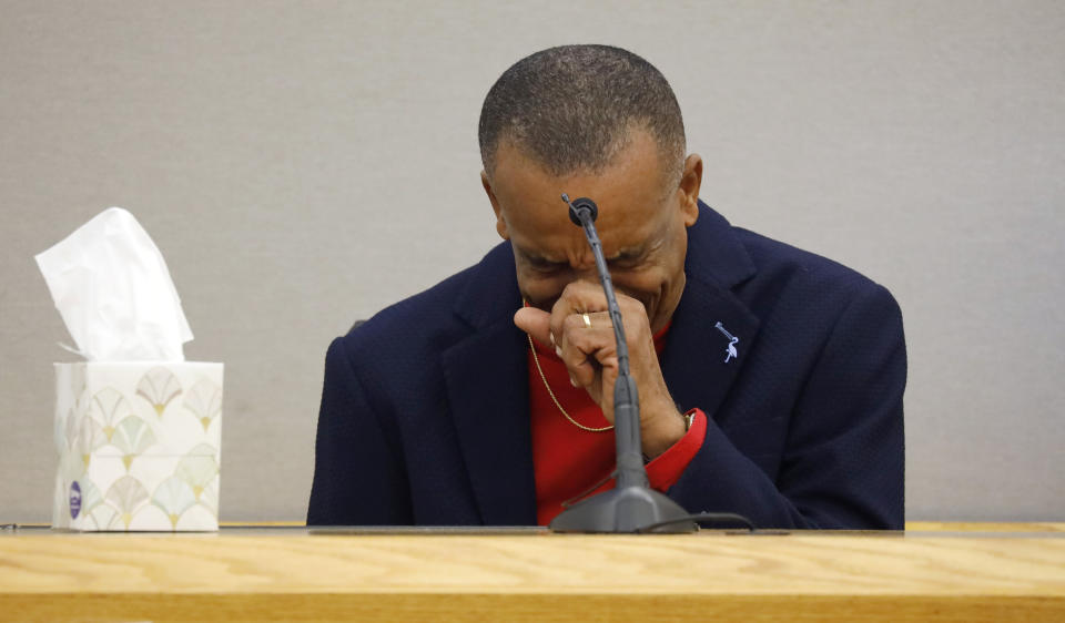 Bertrum Jean, father of Botham Jean, breaks down on the witness stand talking about his son during the punishment phase of the trial of former Dallas police officer Amber Guyger, Wednesday, Oct. 2, 2019 at the Frank Crowley Courts Building in Dallas. Guyger was convicted of murder Tuesday in the killing of Botham Jean and faces a sentence that could range from five years to life in prison or be lowered to as little as two years if the jury decides the shooting was a crime of sudden passion. (Tom Fox/The Dallas Morning News via AP, Pool)
