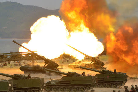 Artillery fires during North Korea's "largest-ever" artillery drill marking the 85th anniversary of the establishment of the Korean People's Army (KPA) on April 25, 2017. KCNA/via REUTERS