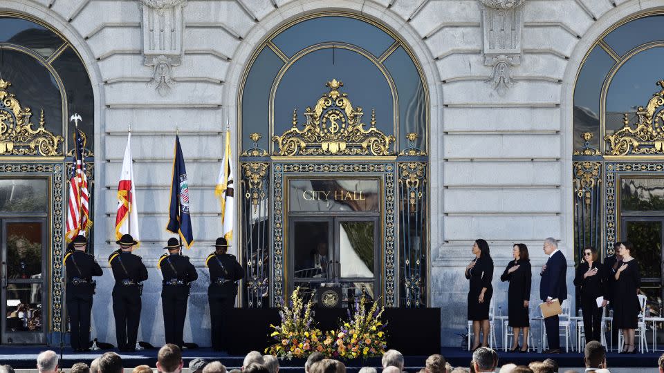 Mourners gather in honor of the late Sen. Dianne Feinstein outside of San Francisco City Hall on Thursday, October 5, in California.  - Gina Ferazzi/Los Angeles Times/Getty Images