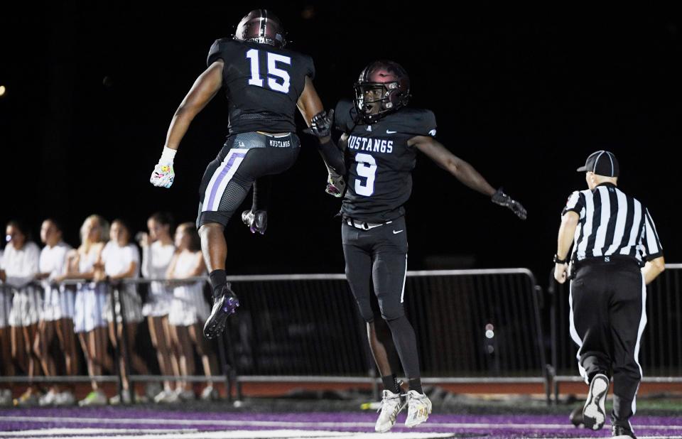 Lipscomb Academy High School’s, Micah Burton and Kofi Boggs react during the game against Ensworth at Lipscomb Academy High School Football Stadium in Nashville , Tenn., Friday, Sept. 15, 2023.