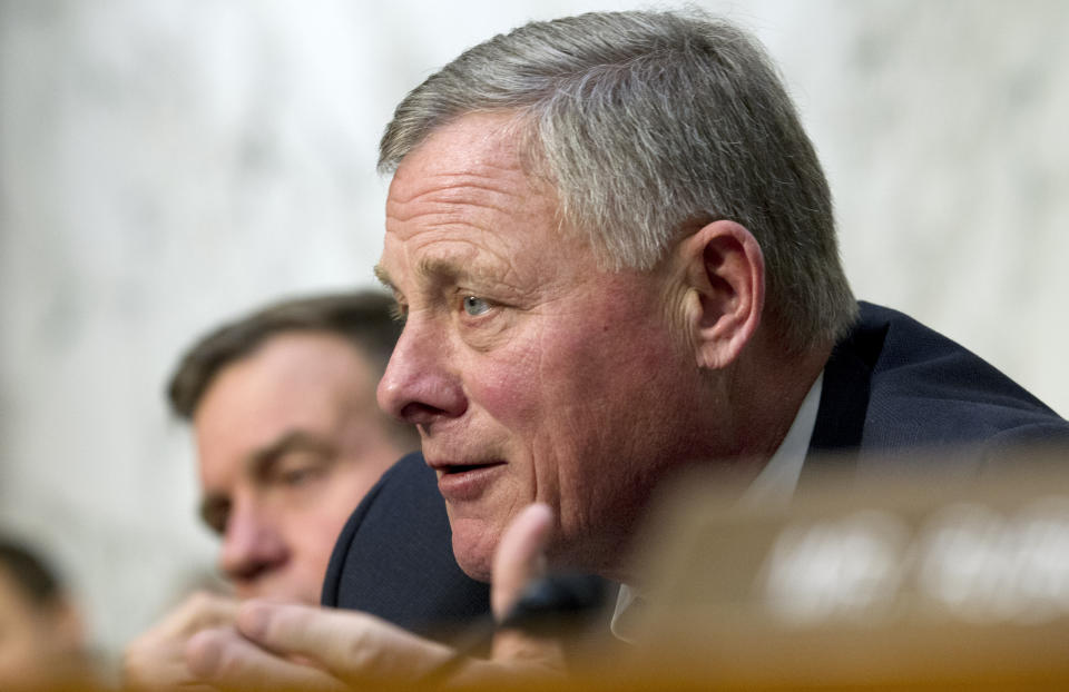 FILE - In this Jan. 29, 2019, file photo, Senate Intelligence Committee Chairman Sen. Richard Burr, R-N.C. speaks during a Senate Intelligence Committee hearing on Capitol Hill in Washington.Retiring House and Senate Republicans are a natural group to watch for defectors as Democrats’ impeachment inquiry of President Donald Trump builds steam. (AP Photo/Jose Luis Magana, File)