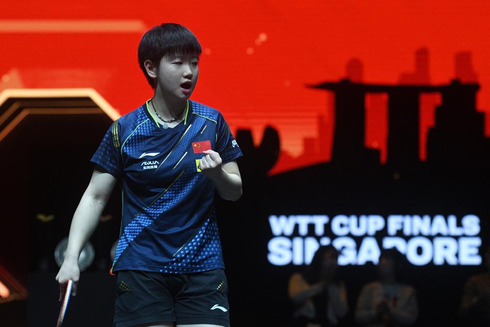 Women's table tennis world No.1 Sun Yingsha in action at the WTT Cup Finals in Singapore's OCBC Arena in December 2021.