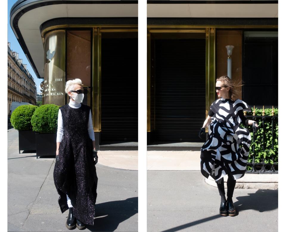 Wearing Comme des Garçons and Junya Watanabe in front of Le Relais Plaza restaurant.