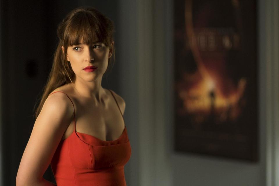 This image released by Universal Pictures shows Dakota Johnson as Anastasia Steele in "Fifty Shades Darker." (Doane Gregory/Universal Pictures via AP)