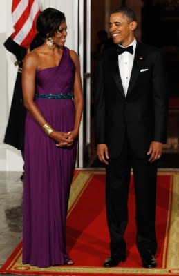 First lady Michelle Obama in a Doo.Ri gown at the White House State Dinner on Thursday. (Photo by Alex Wong/Getty Images)