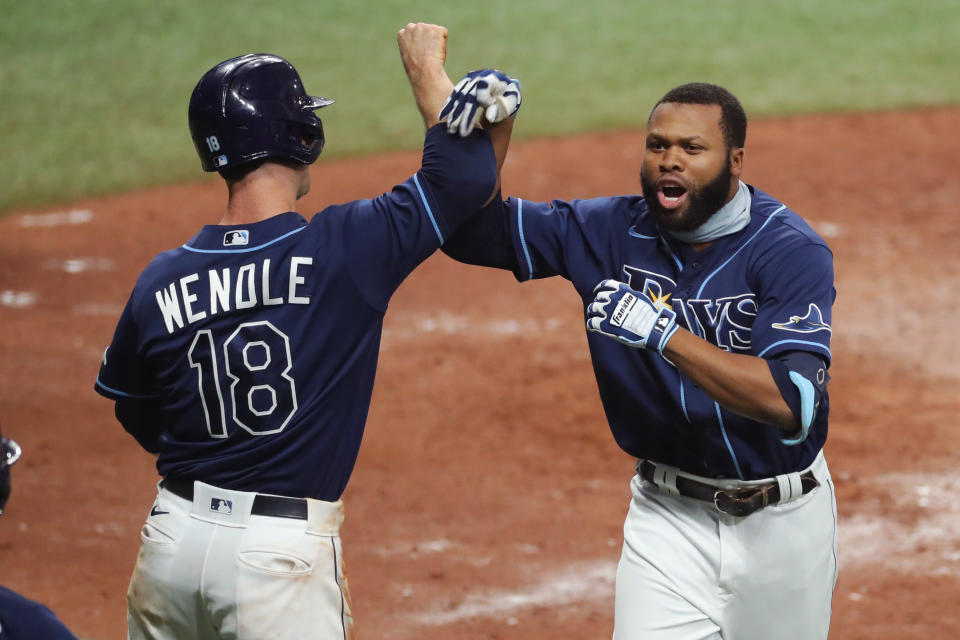 Manuel Margot of the Tampa Bay Rays celebrates his home run in Game 1 of the AL Wild Card Series. (Photo by Mike Carlson/MLB Photos via Getty Images)