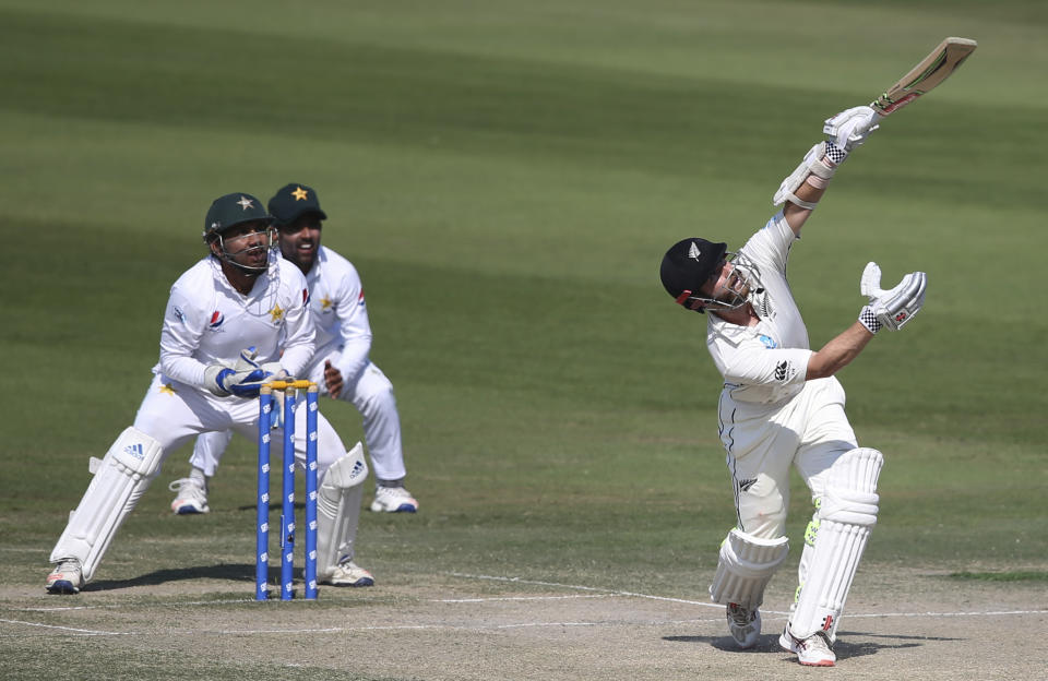 New Zealand's batsman Kane Williamson plays a shot in their test match against Pakistan in Abu Dhabi, United Arab Emirates, Thursday, Dec. 6, 2018. (AP Photo/Kamran Jebreili)