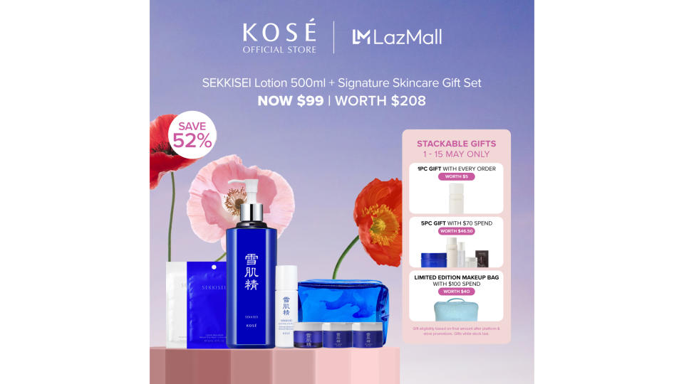 [Lazada May Set] Kose Sekkisei Lotion 500ml + Signature Skincare Gift Set. (Photo: Lazada SG)