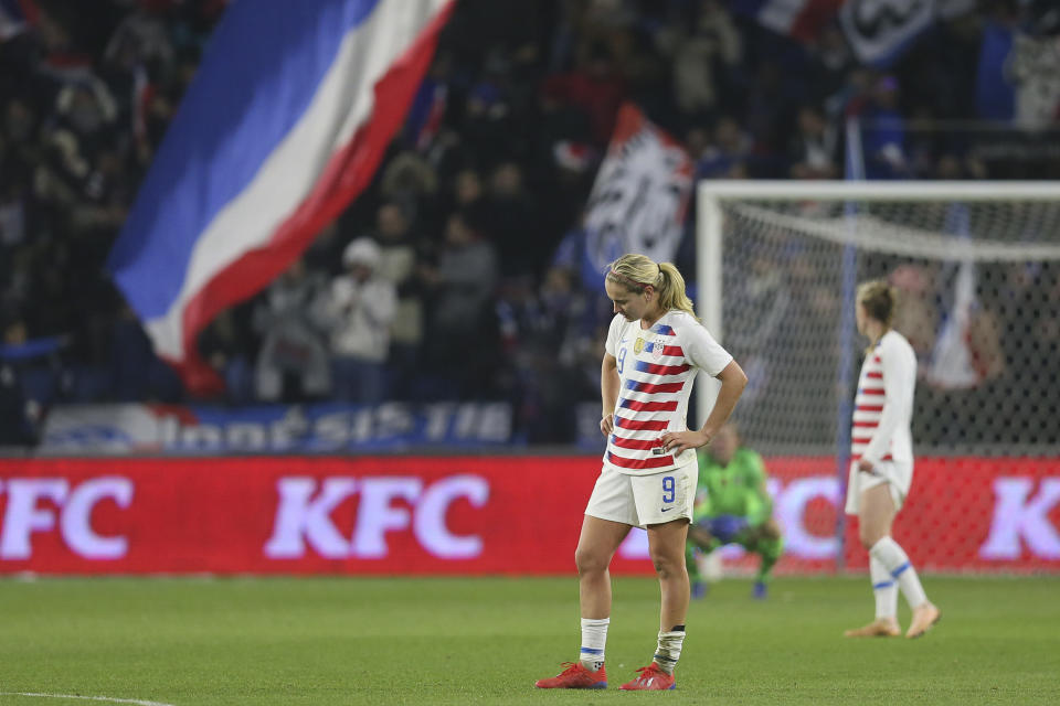 US midfielder Lindsey Horan stands on the pitch after France scored its third goal during a women's international friendly soccer match between France and United States at the Oceane stadium in Le Havre, France, Saturday, Jan. 19, 2019. France defeated US 3-1. (AP Photo/David Vincent)