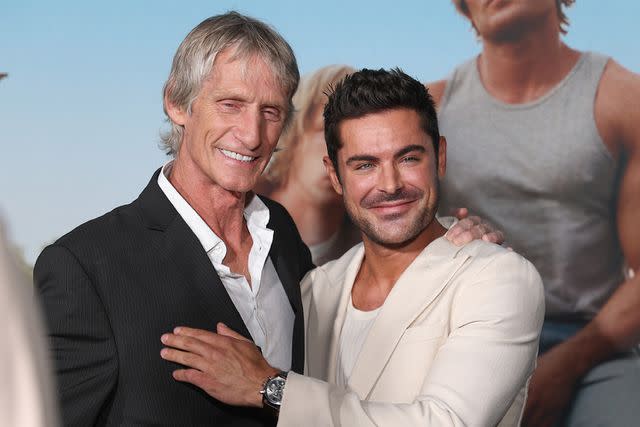 <p>Omar Vega/Getty</p> Kevin Von Erich and Zac Efron at the Nov. 8 premiere of "The Iron Claw"