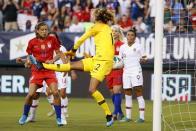 Portugal's Patrícia Morais (12) cannot stop a goal by United States' Morgan Brian during the first half of an international friendly soccer match Thursday, Aug. 29, 2019, in Philadelphia. (AP Photo/Matt Slocum)