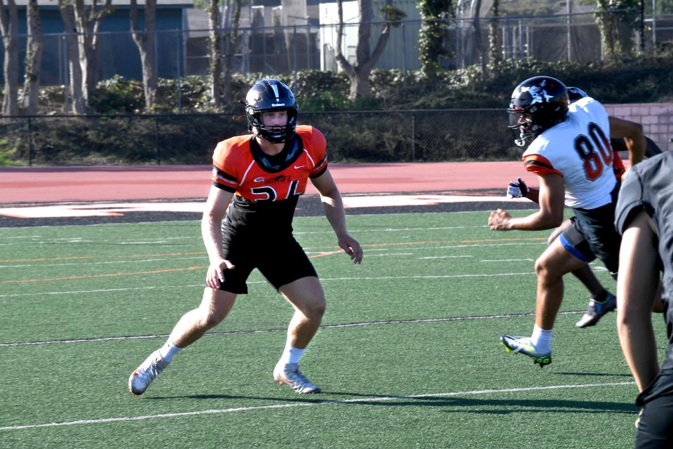 Linebacker Drew Carter, a Camarillo High graduate, looks to make a play during a Ventura College football team practice on Wednesday, Aug. 31, 2022. The Pirates open their season against rival Moorpark College at home on Saturday night.