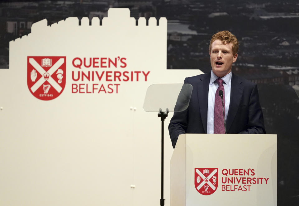 US Special Envoy to Northern Ireland for Economic Affairs, Congressman Joe Kennedy III speaks during the international conference to mark the 25th anniversary of the Belfast/Good Friday Agreement, at Queen's University Belfast, Wednesday April 19, 2023. (Brian Lawless/PA pool via AP)