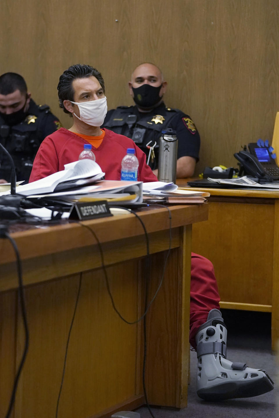 Scott Peterson sits during a hearing at San Mateo County Superior Court in Redwood City, Calif., Monday, Feb. 28, 2022. Lawyers trying to overturn Peterson’s conviction in the sordid slaying of his pregnant wife 20 years ago completed their questioning Monday without shaking a former juror from her crucial testimony that she acted properly before and during his 2004 trial. (AP Photo/Jeff Chiu, Pool)