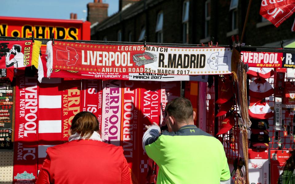 Merchandise for sale before the charity match at Anfield, Liverpool. PRESS ASSOCIATION Photo. Picture date: Saturday March 25, 2017. See PA story SOCCER Liverpool. Photo credit should read: Richard Sellers/PA Wire - Credit: PA