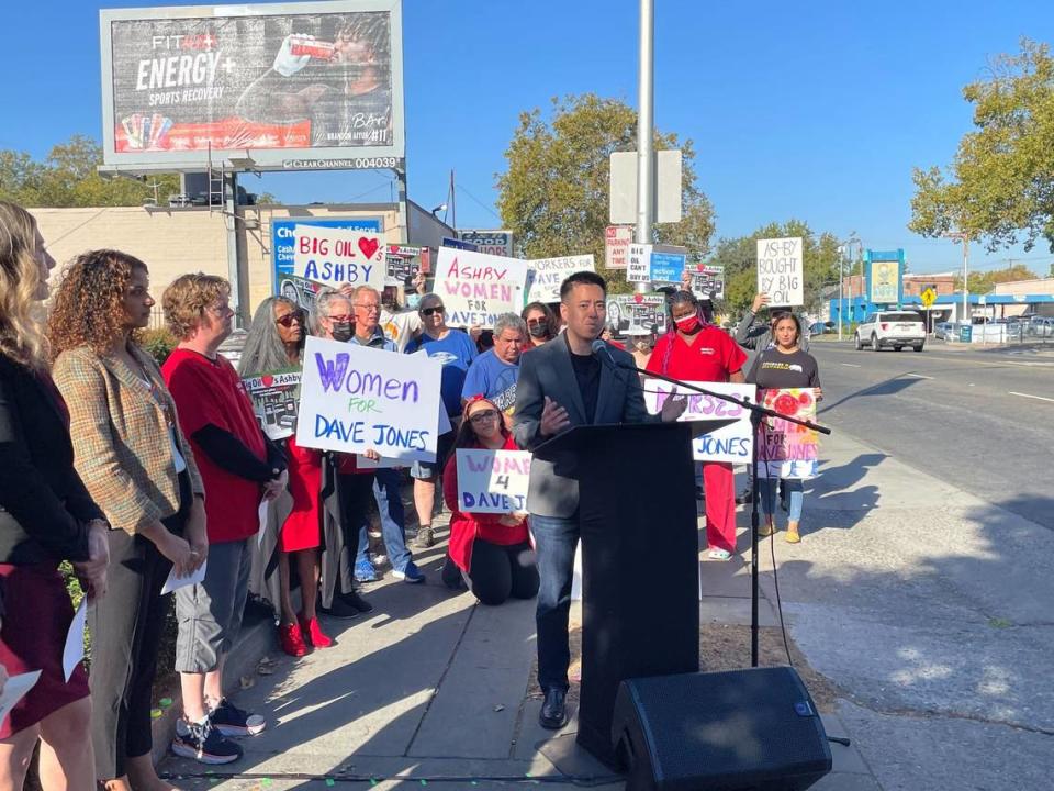 Mike Young of California Environmental Voters speaks at an Sacramento rally attacking Senate candidate Angelique Ashby for receiving support from an oil-funded PAC in the form of independent expenditure ads. California Alliance, A Coalition of Consumer Attorneys, Conservationists and Food and Commercial Workers — which supports Ashby’s opponent, Dave Jones — held the event outside a Chevron gas station in the 1800 block of Broadway.