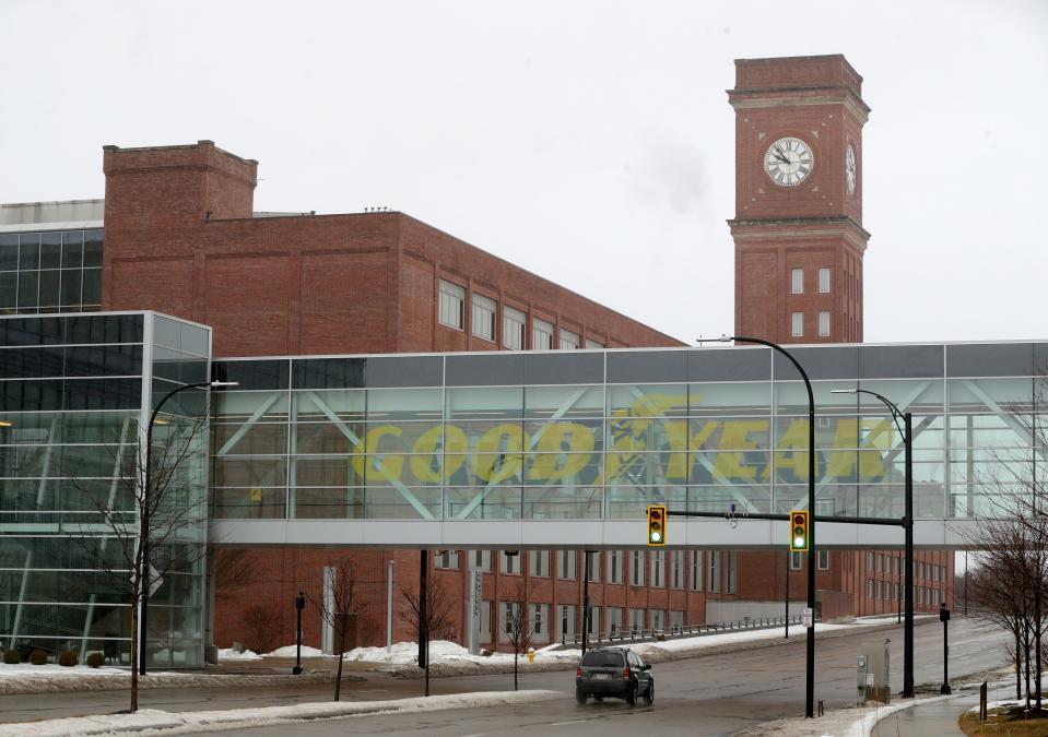 The Goodyear Tire & Rubber Co. headquarters is shown in February 2022 in Akron.