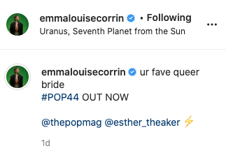 The Crown's Emma Corrin has called herself a 'queer bride' on Instagram. Photo: Instagram/emmalouisecorrin.