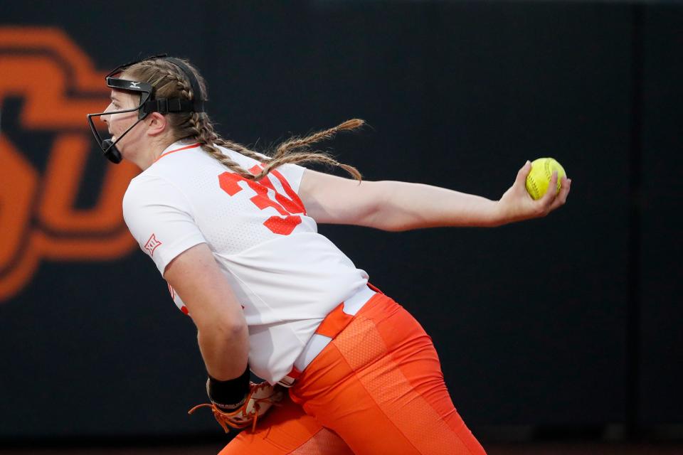 Oklahoma State's Kyra Aycock (34) pitches inning a college softball game between the Oklahoma State Cowgirls (OSU) and the University of North Texas in Stillwater, Okla., Wednesday, March 22, 2023. 