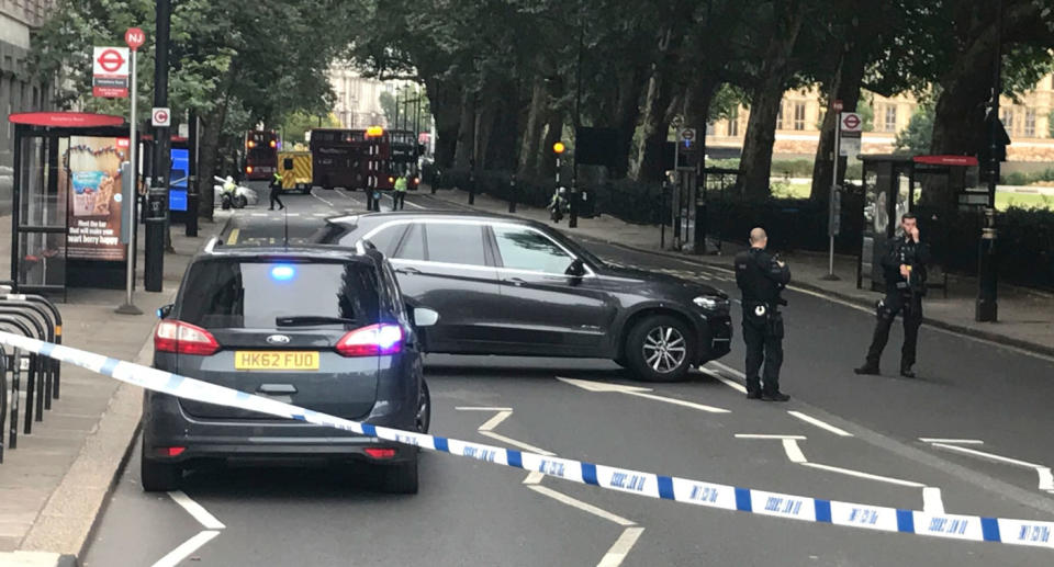 The man who was behind the wheel of a car, which crashed into pedestrians and cyclists crashed near the Houses of Parliament on Tuesday, has been been arrested on suspicion of terrorism. Source: AAP