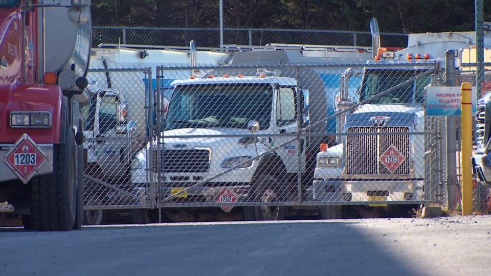 Trucks at the Maritime Fuels headquarters in Dartmouth, N.S., are shown on Tuesday, Nov. 21, 2023.